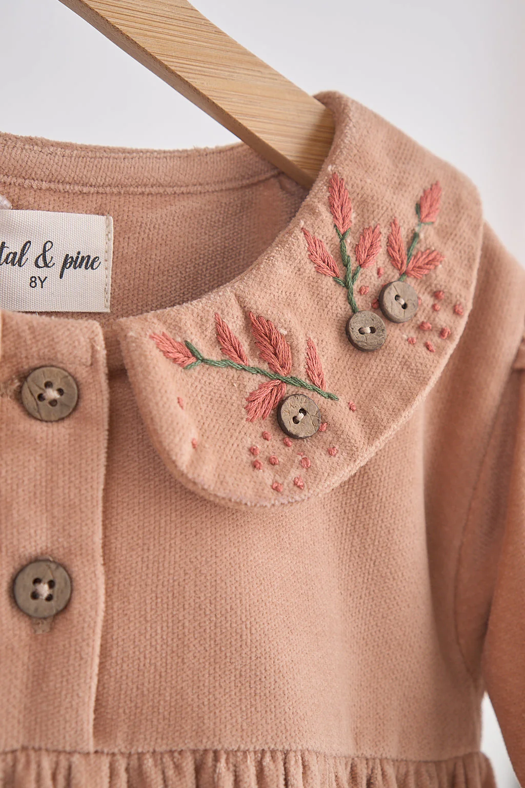 Beige floral embroidery velveteen girl dress - Image 2