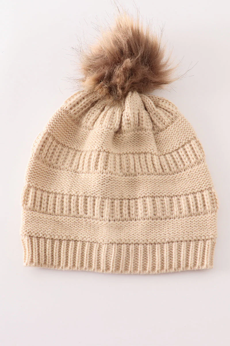Beige pompom cable beanie hat - Image 3
