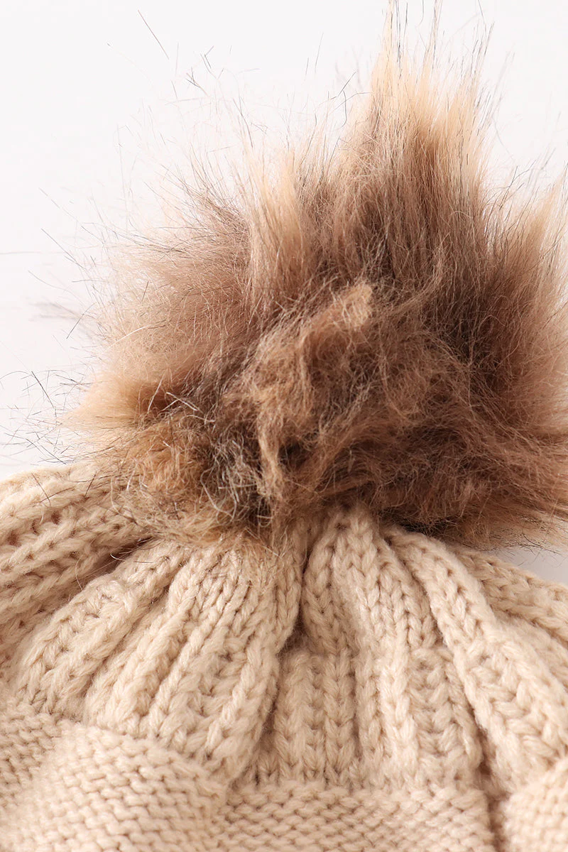 Beige pompom cable beanie hat - Image 4