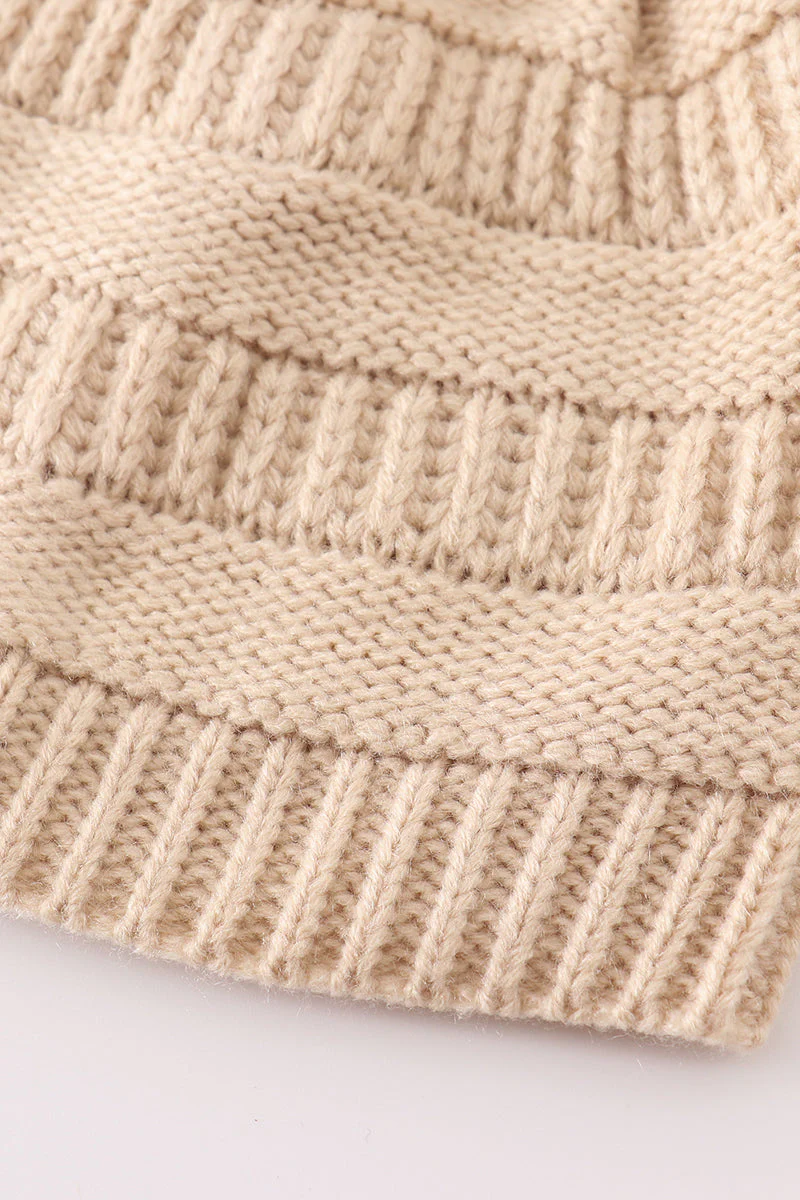 Beige pompom cable beanie hat - Image 5