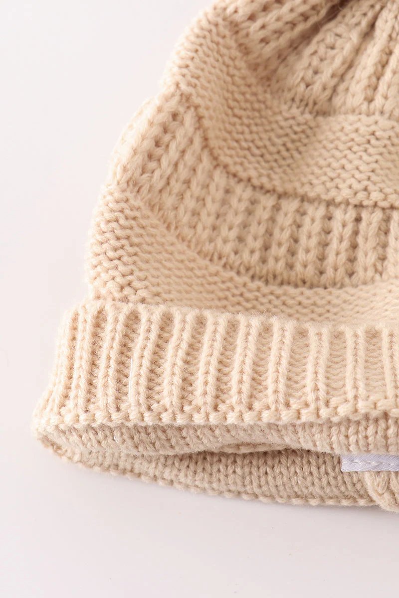Beige pompom cable beanie hat - Image 6