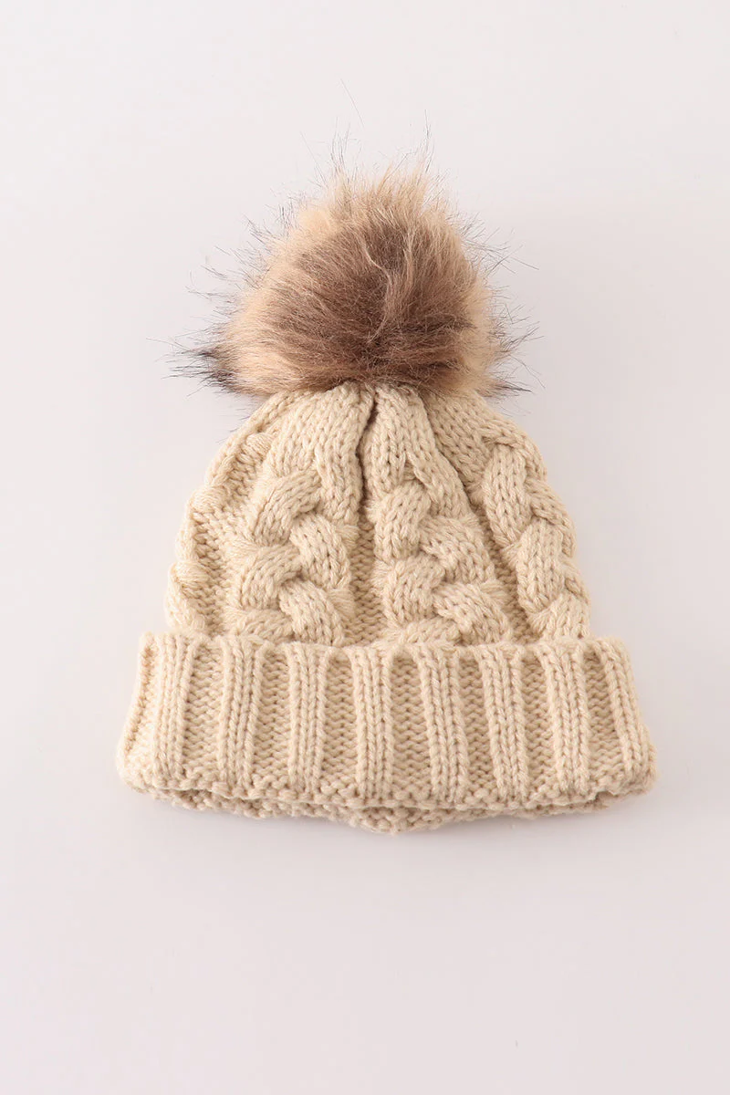 Beige pompom cable beanie hat - Image 2