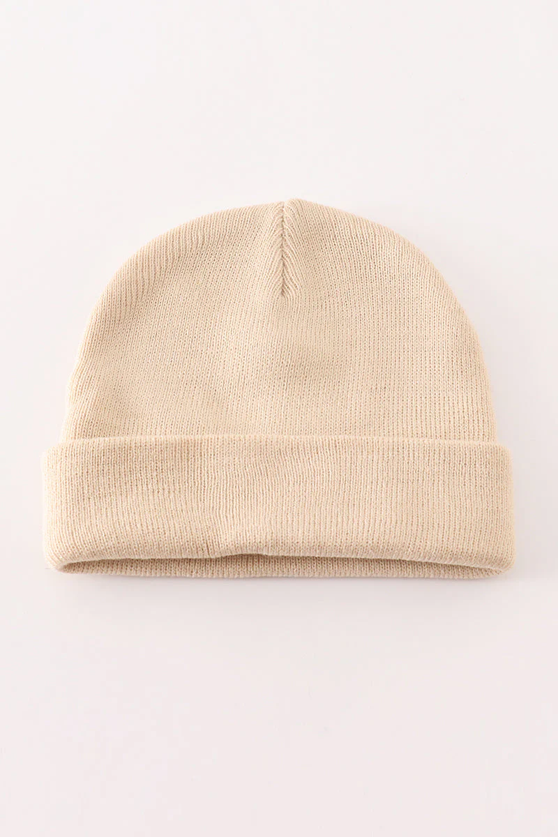 Beige ribbed basic knit beanie hat - Image 2