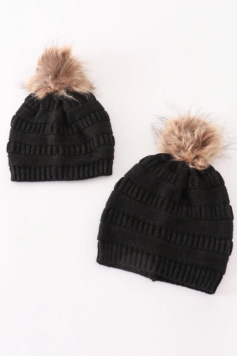 Black pompom cable beanie hat