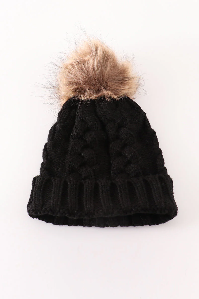 Black pompom cable beanie hat - Image 3