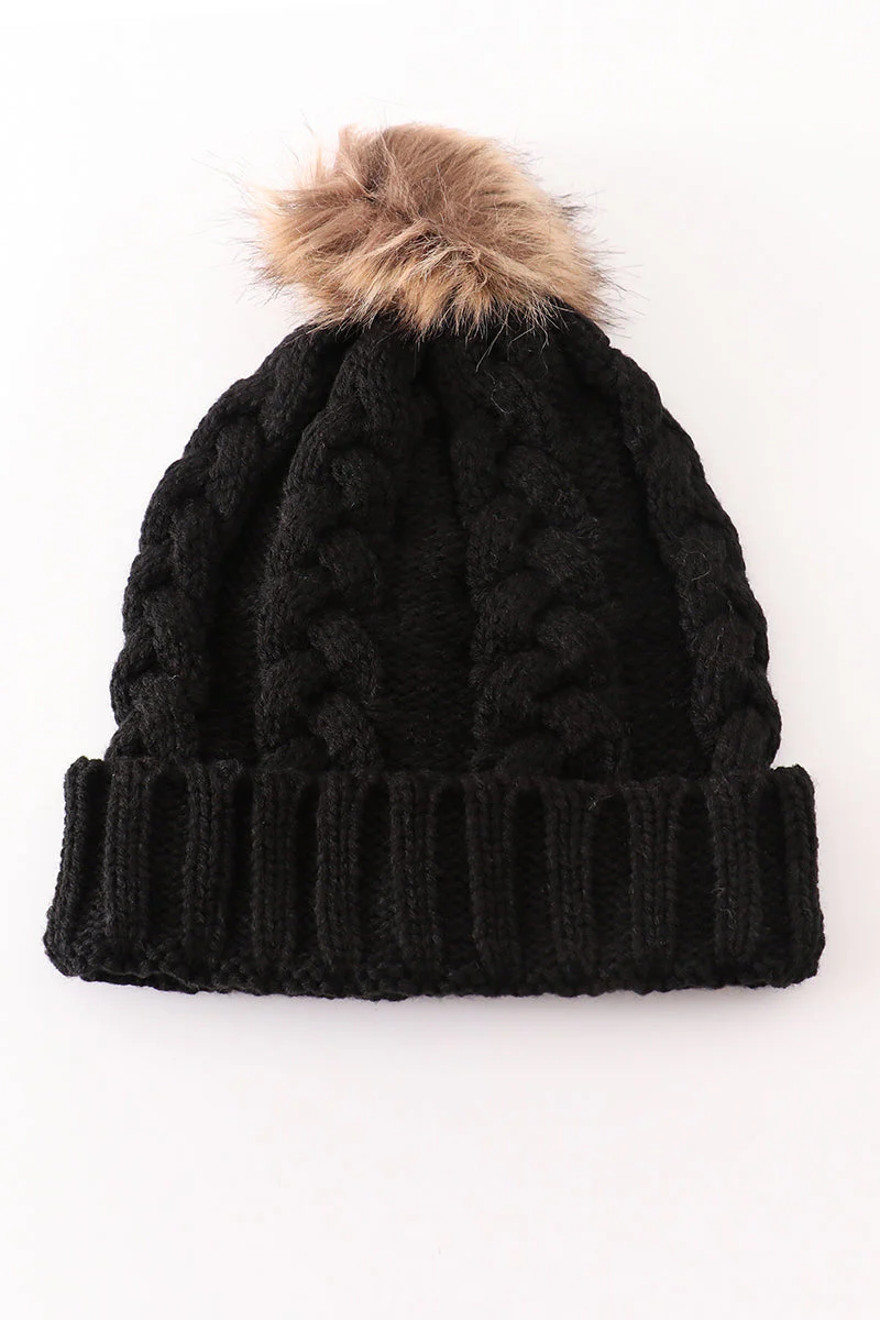 Black pompom cable beanie hat - Image 4