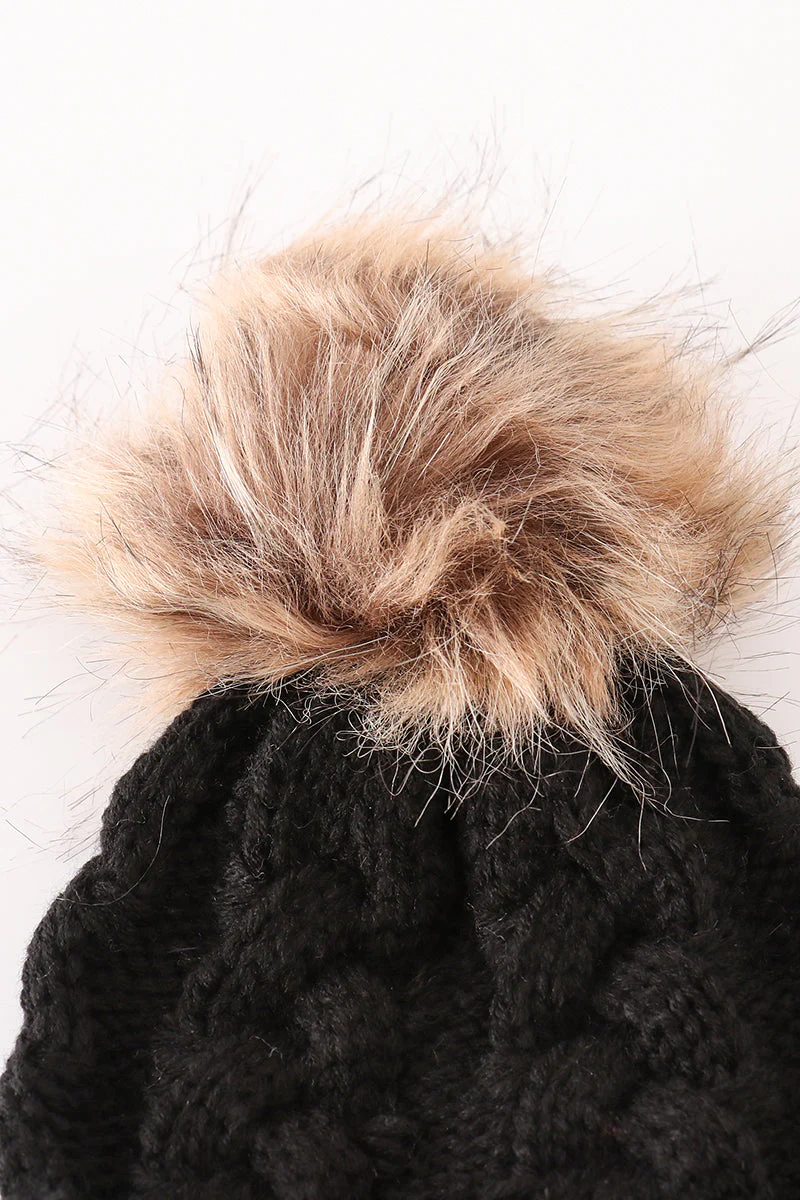 Black pompom cable beanie hat - Image 5