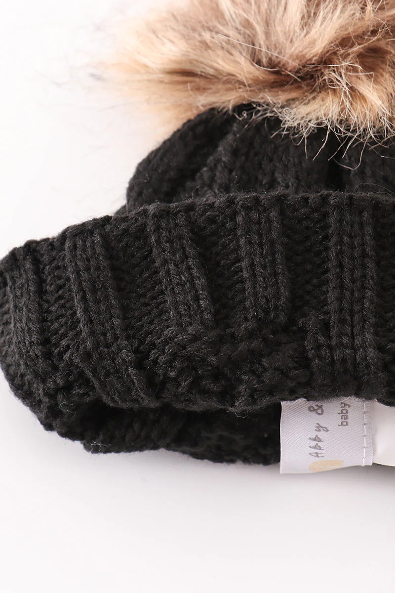 Black pompom cable beanie hat - Image 7