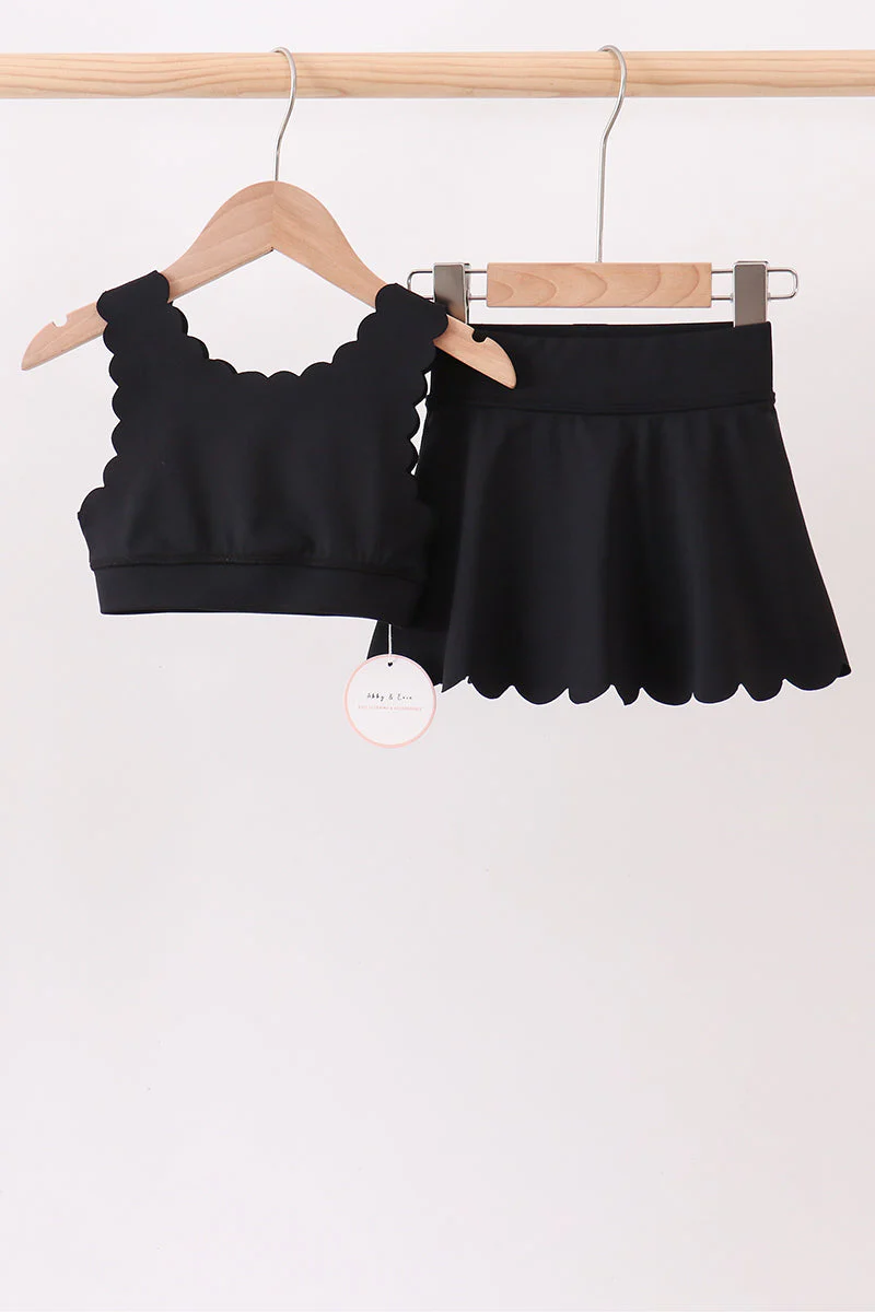 Black Scalloped Yoga Skorts Set