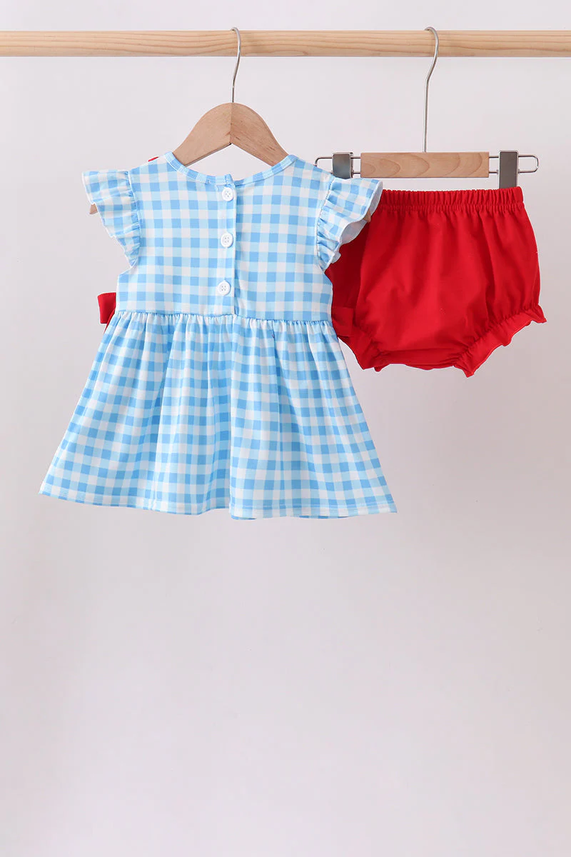 Blue Apple Appliqué Gingham Bloomer Set - Image 5