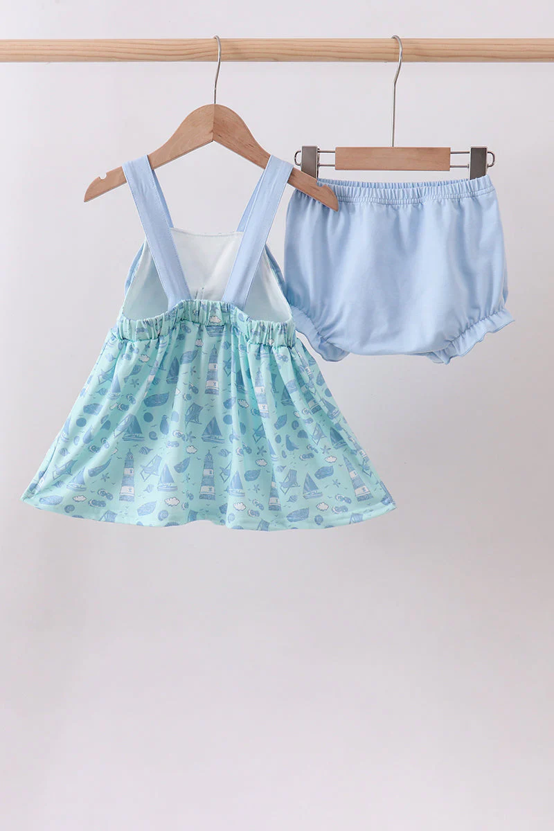 Blue beach print bow bloomer set - Image 3