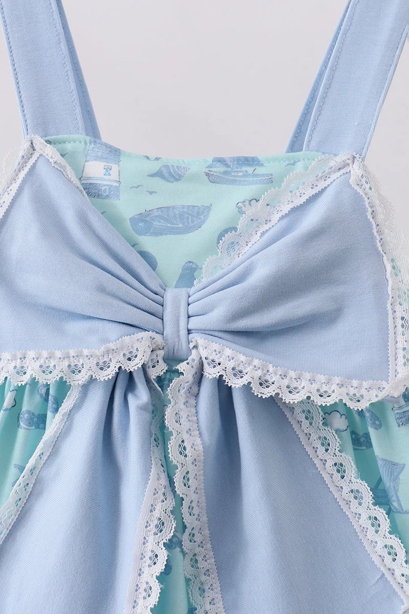 Blue beach print bow ruffle dress - Image 2