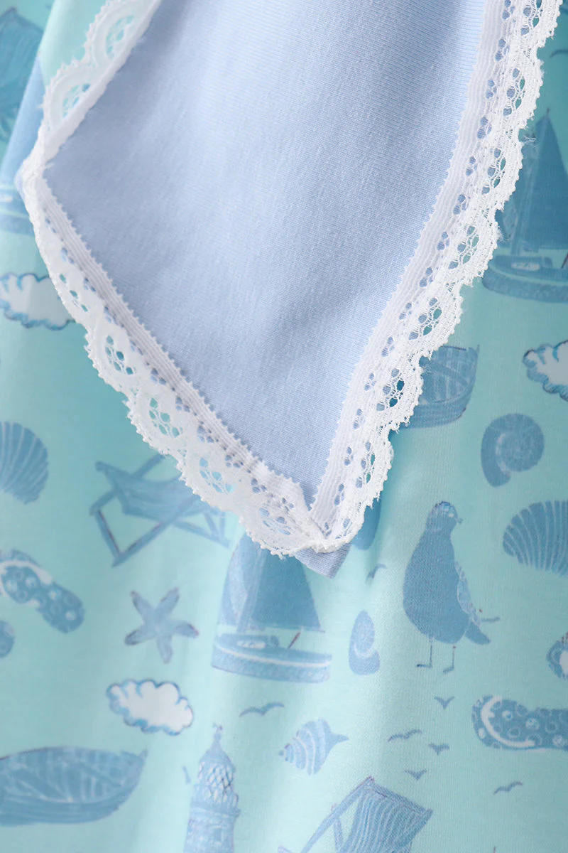 Blue beach print bow ruffle dress - Image 3