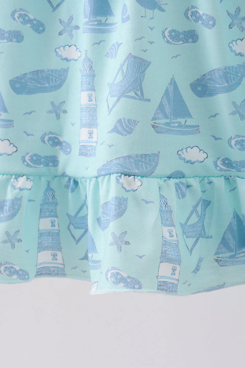 Blue beach print bow ruffle dress - Image 4