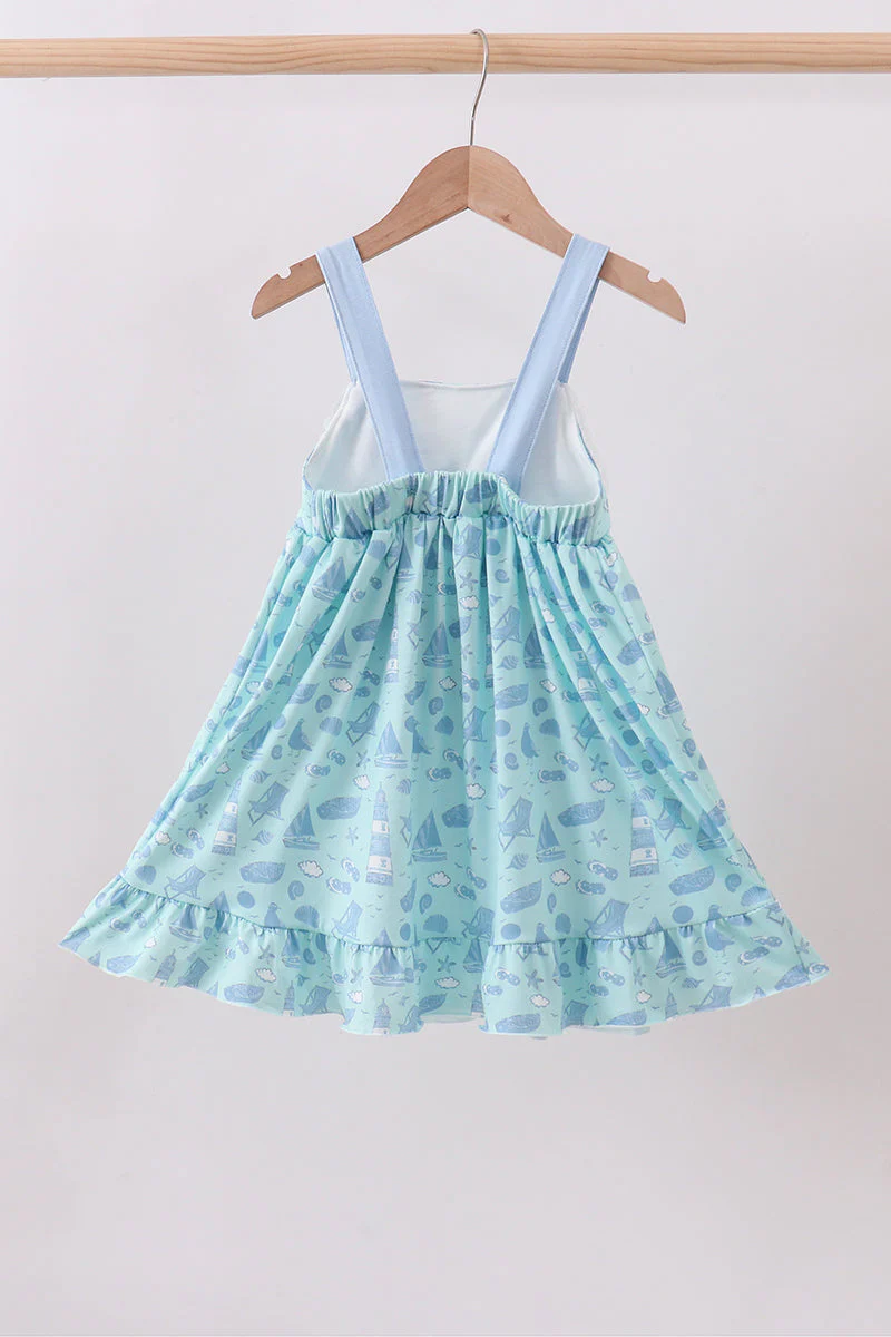 Blue beach print bow ruffle dress - Image 5