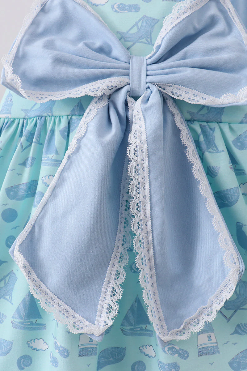 Blue beach print bow ruffle shorts set - Image 2