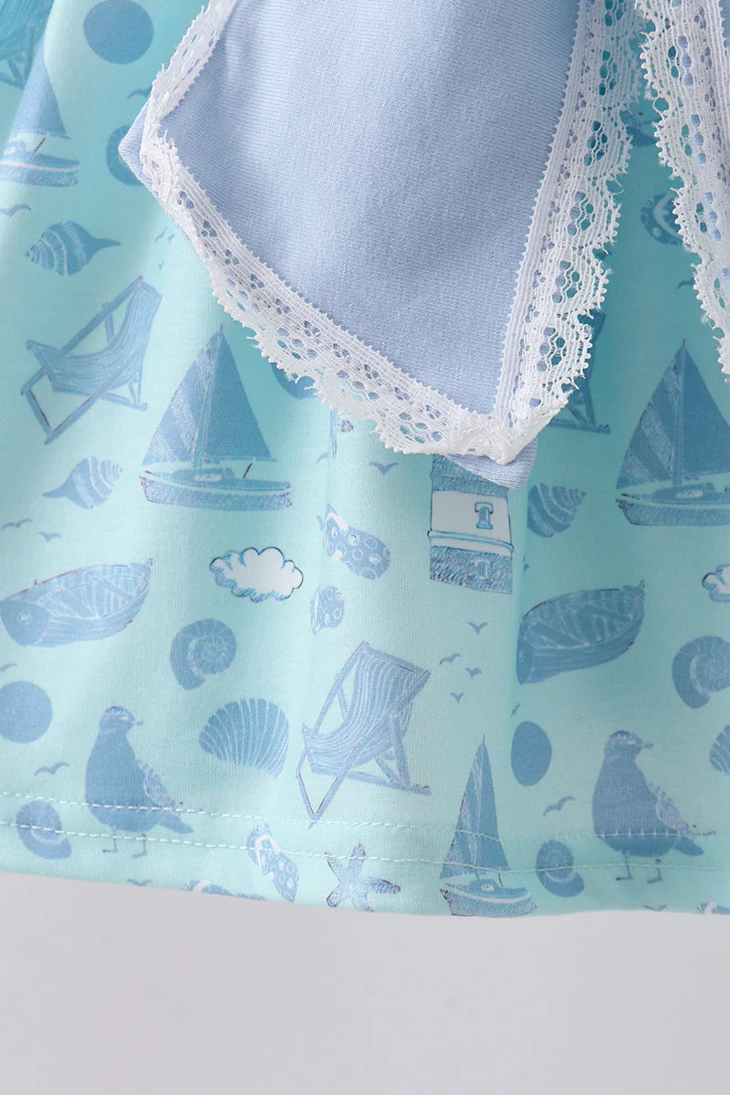 Blue beach print bow ruffle shorts set - Image 3