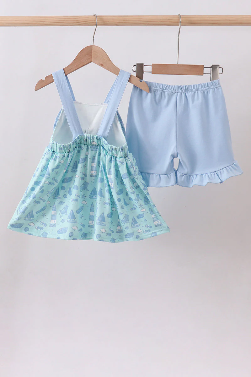 Blue beach print bow ruffle shorts set - Image 6
