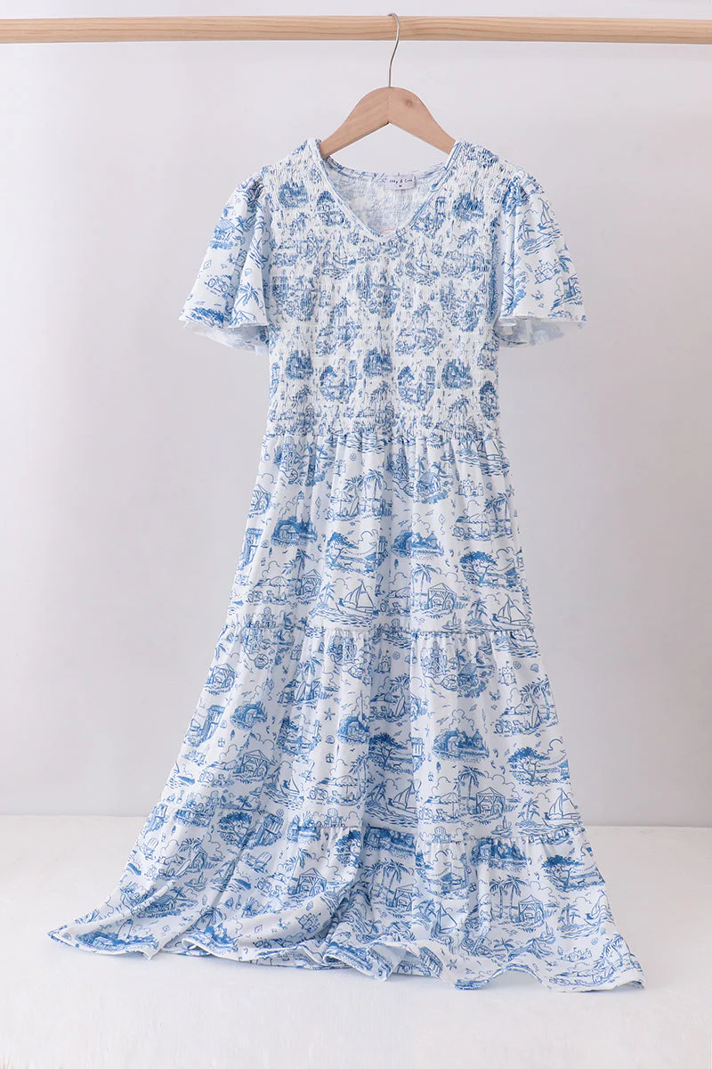 Blue beach sea smocked women dress