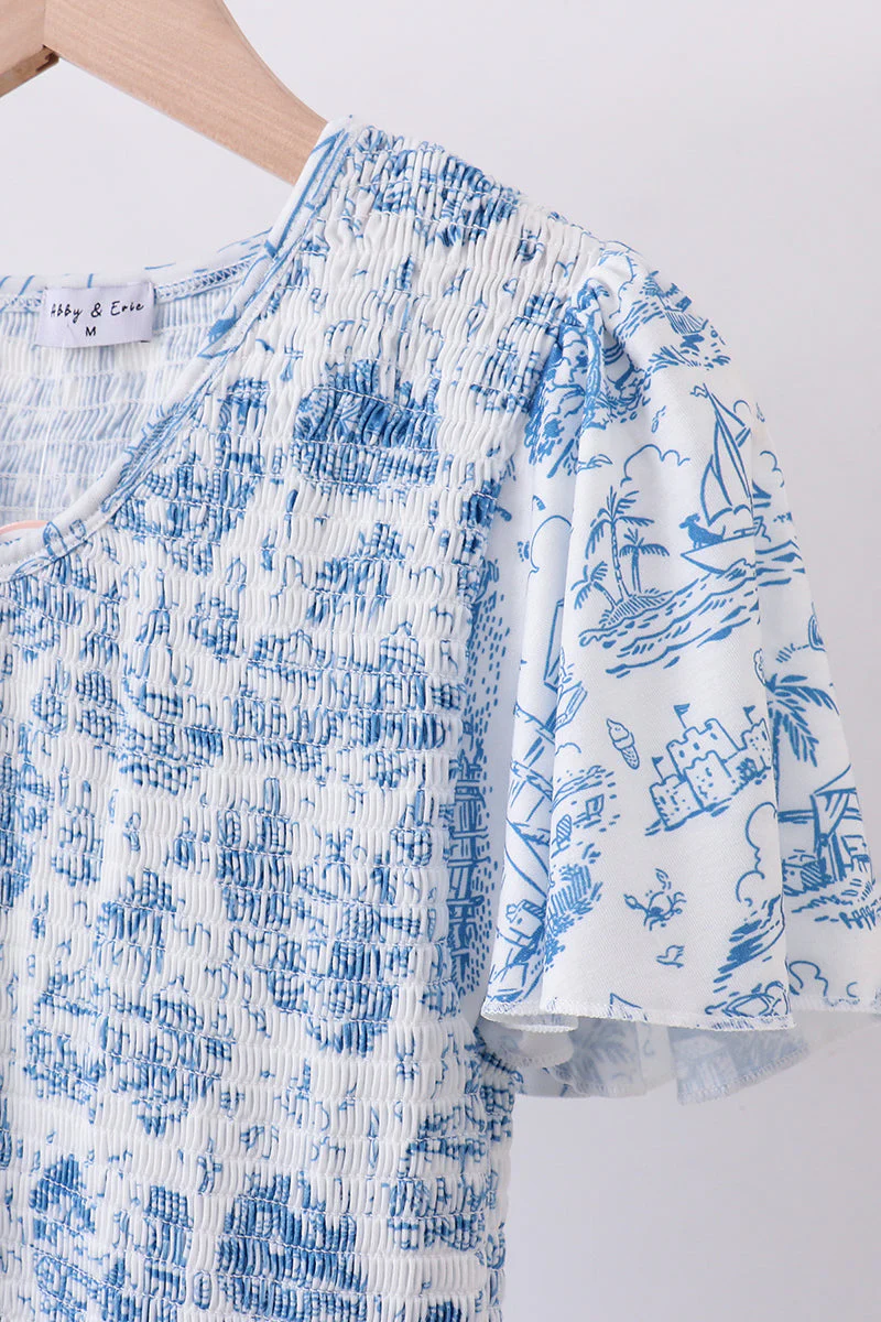 Blue beach sea smocked women dress - Image 2