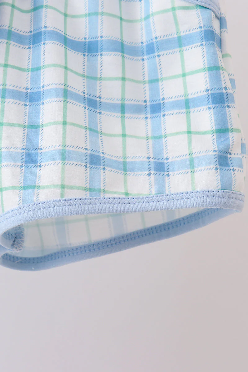 Blue birthday cake smocked plaid shorts set - Image 4