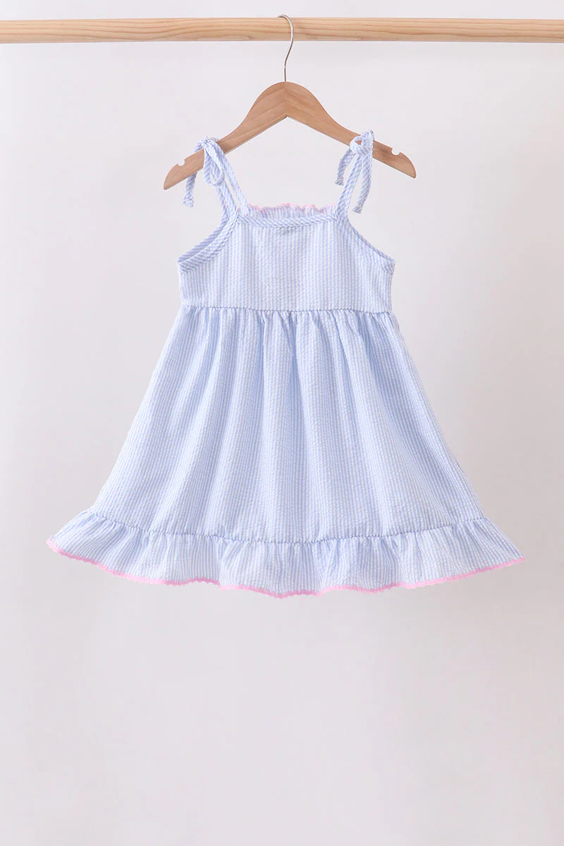 Blue Bow Embroidered Stripe Ruffle Dress - Image 2