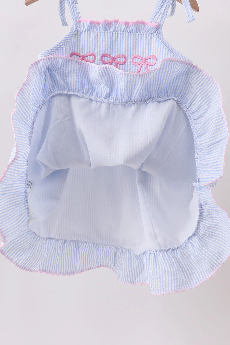 Blue Bow Embroidered Stripe Ruffle Dress - Image 5