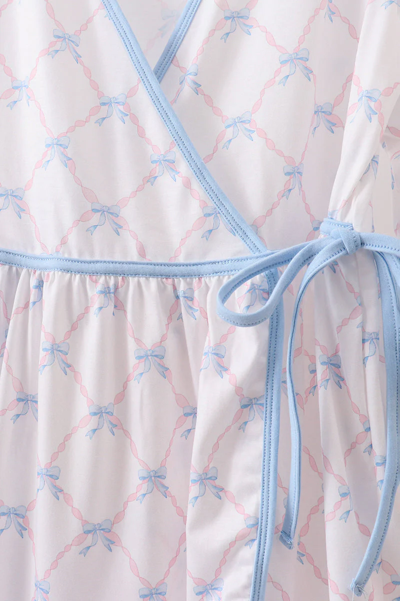Blue bow ribbon print dress - Image 3
