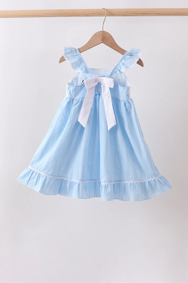 Blue Bow Smocked Embroidered Jacquard Dress - Image 2