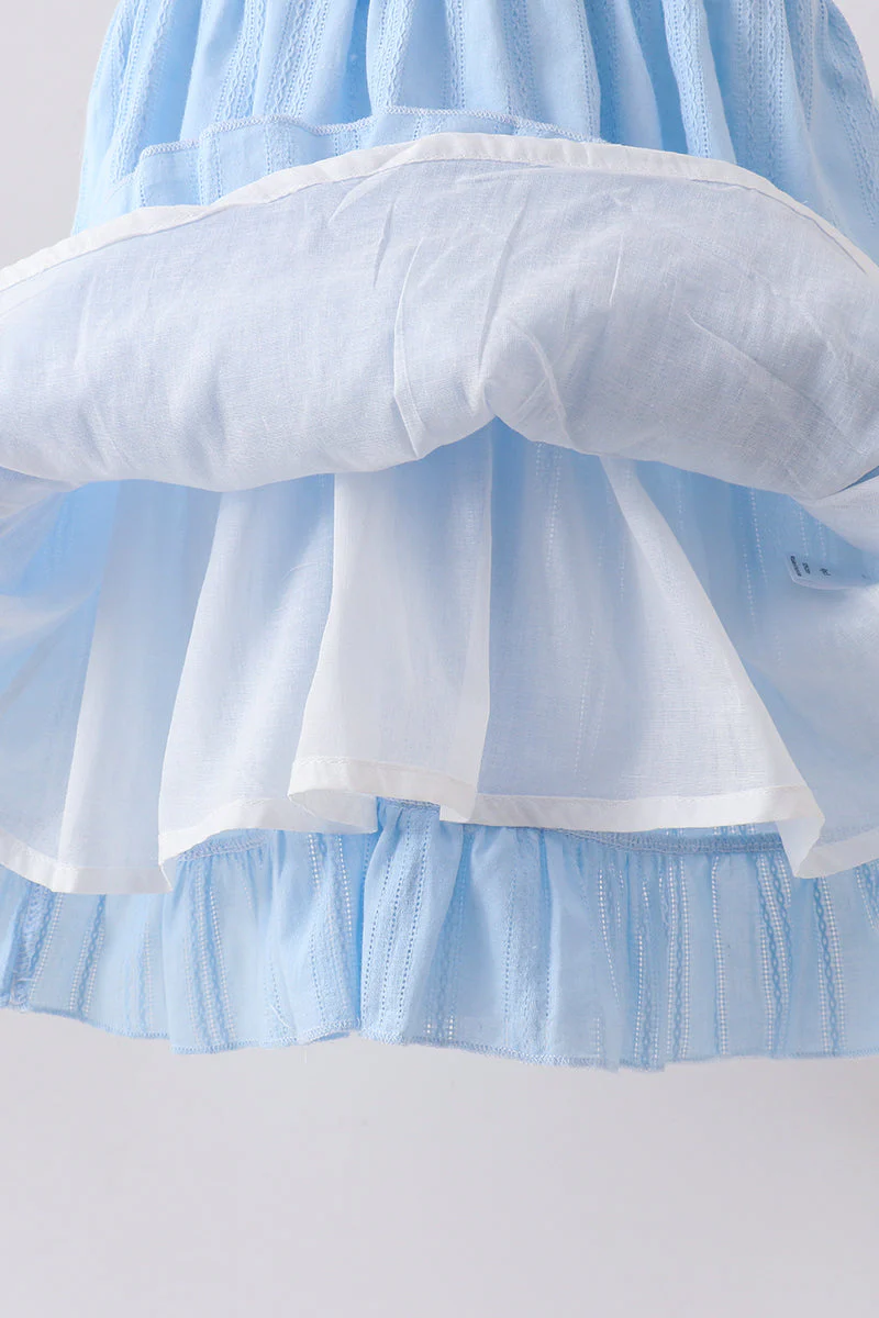 Blue Bow Smocked Embroidered Jacquard Dress - Image 3