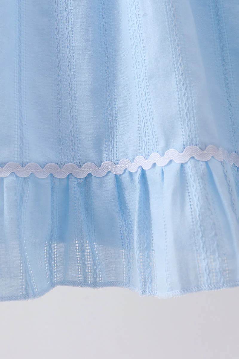 Blue Bow Smocked Embroidered Jacquard Dress - Image 4