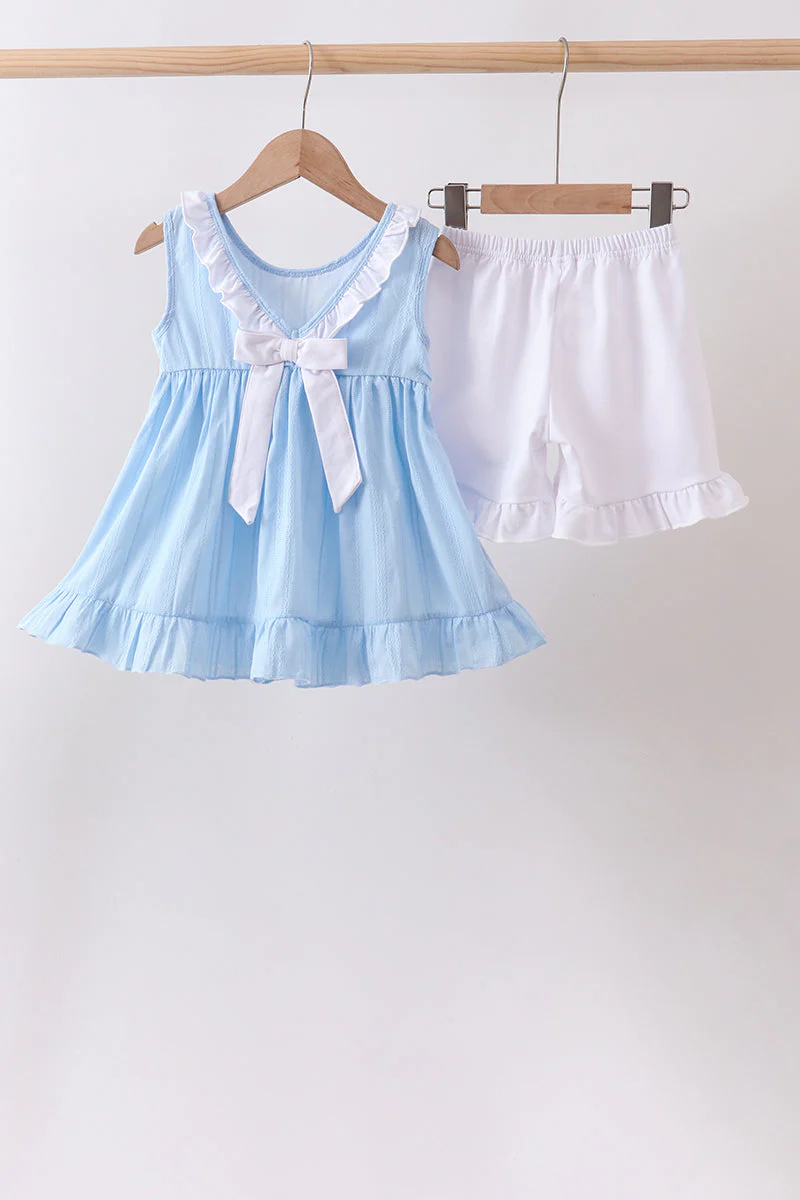 Blue Bow Smocked Embroidered Jacquard Set - Image 3