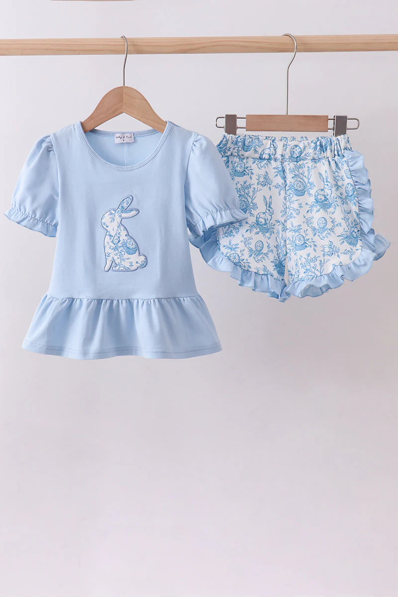 Blue bunny applique ruffle shorts set