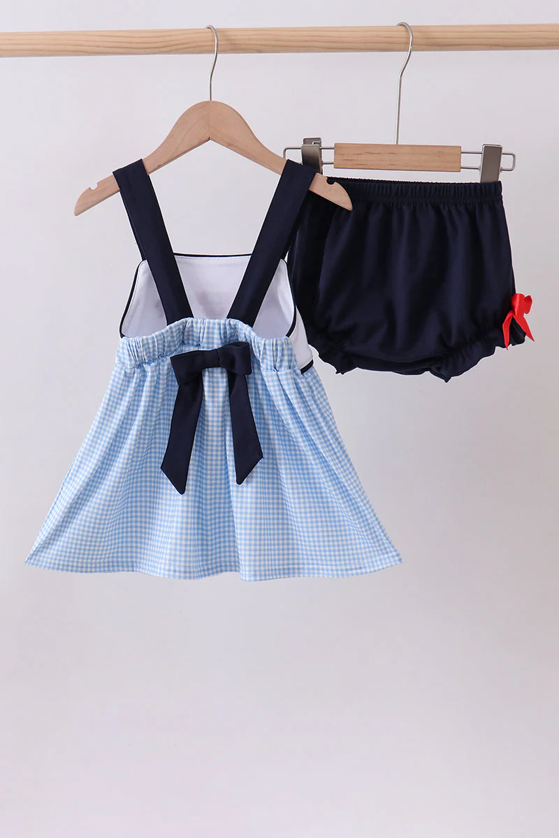 Blue character embroidery gingham bloomer set - Image 5