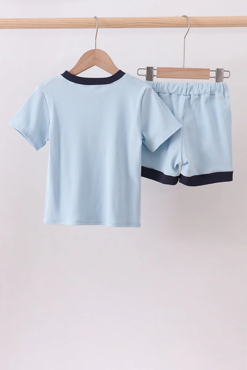 Blue character embroidery stripe shorts set - Image 5