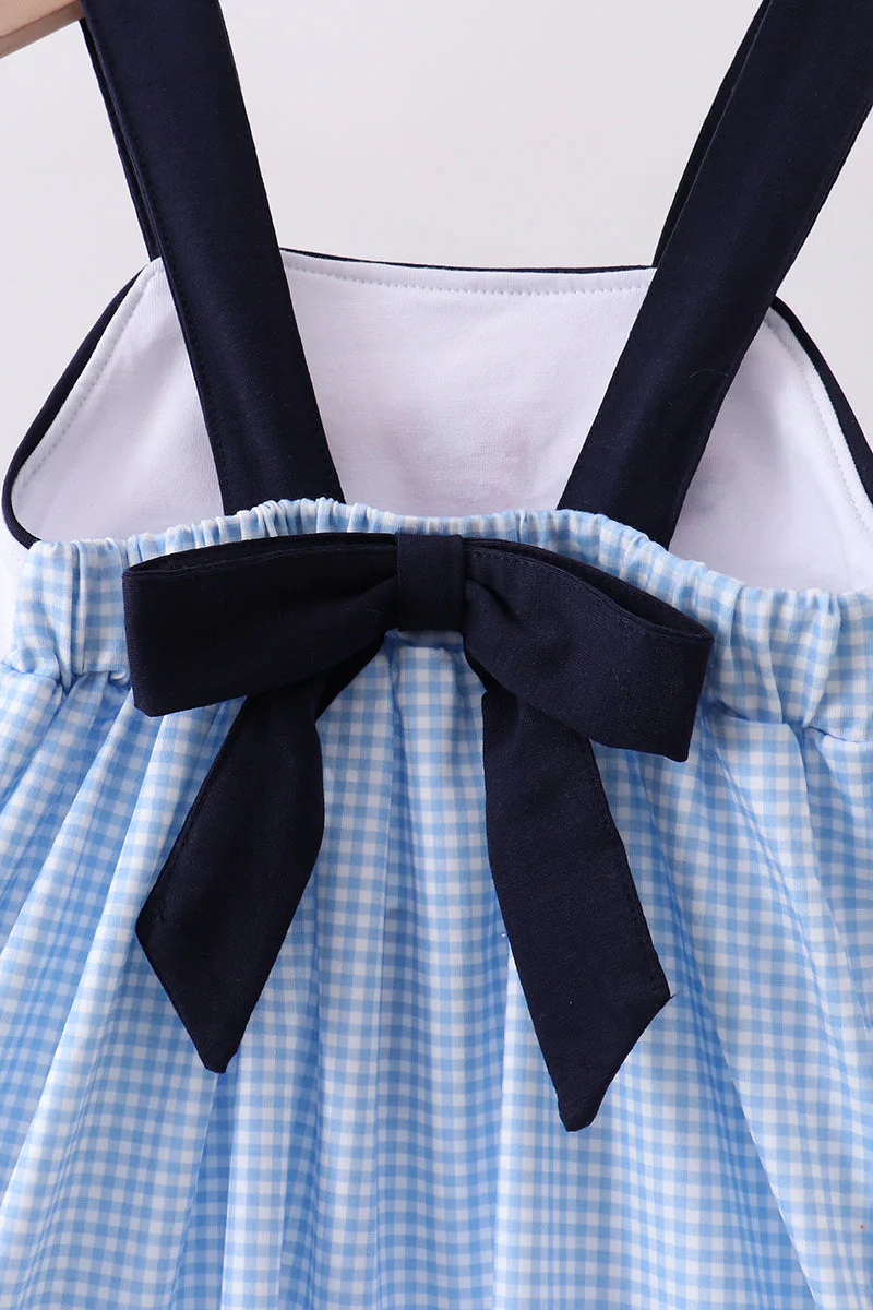 Blue character fireworks embroidery gingham dress - Image 4