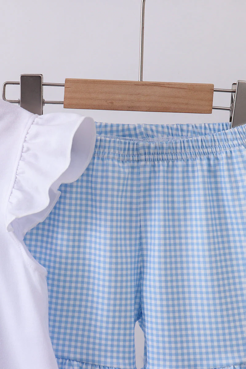 Blue character fireworks embroidery gingham ruffle shorts set - Image 4