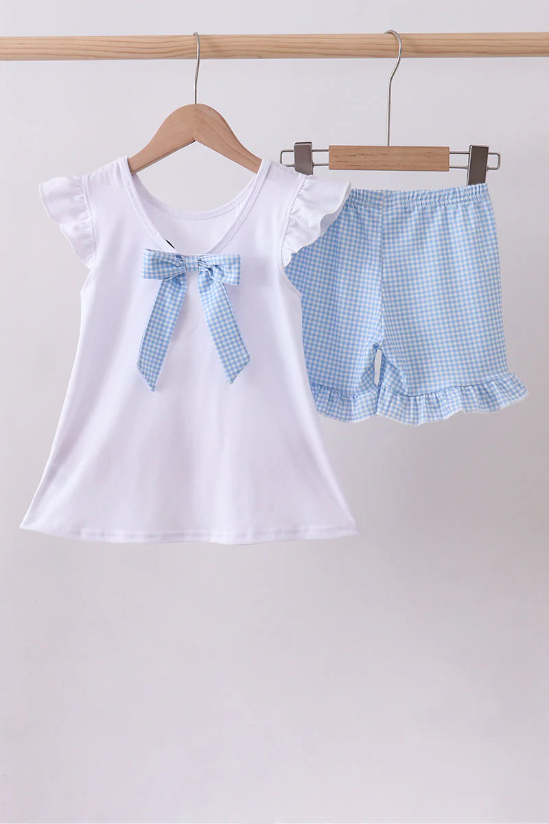 Blue character fireworks embroidery gingham ruffle shorts set - Image 5