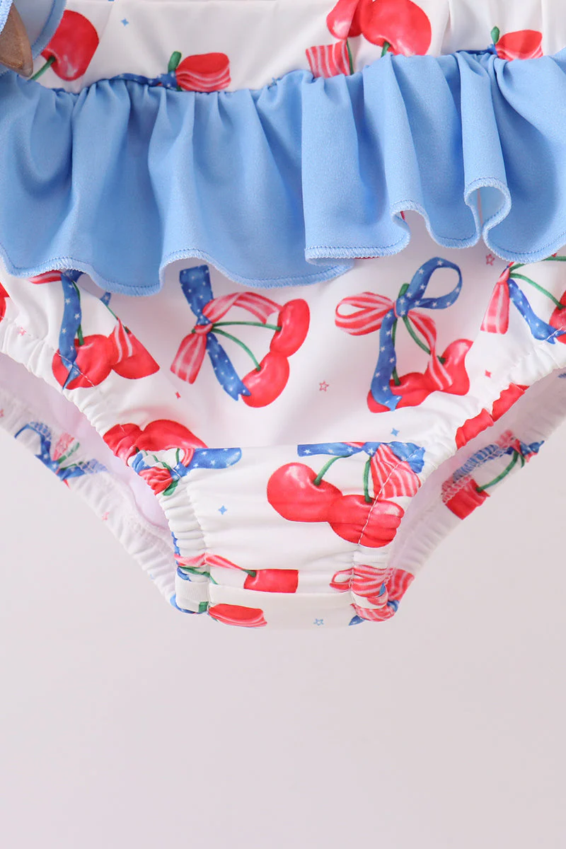 Blue cherry print 2pc ruffle swimsuit - Image 3