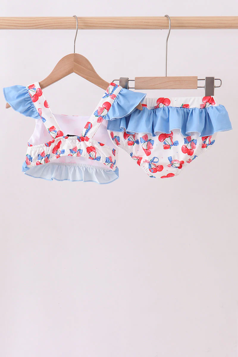 Blue cherry print 2pc ruffle swimsuit - Image 5