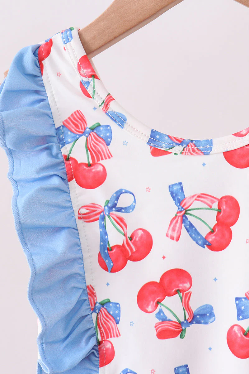 Blue cherry print ruffle swimsuit - Image 3