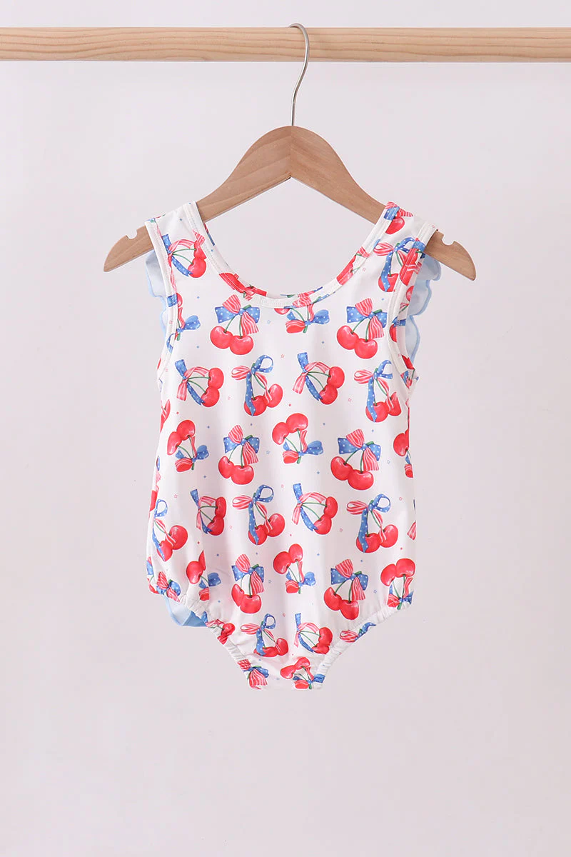Blue cherry print ruffle swimsuit - Image 4