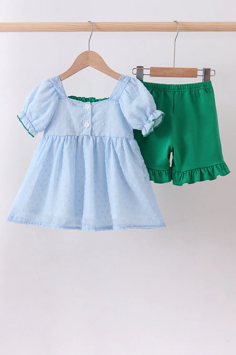 Blue clover embroidery swiss dot shorts set - Image 6