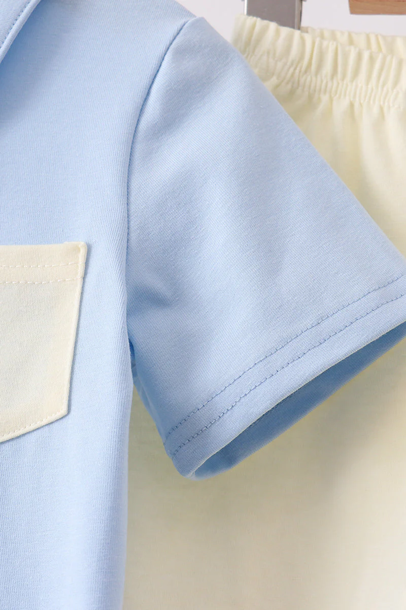 Blue Colorblock Pocket Shorts Set - Image 4
