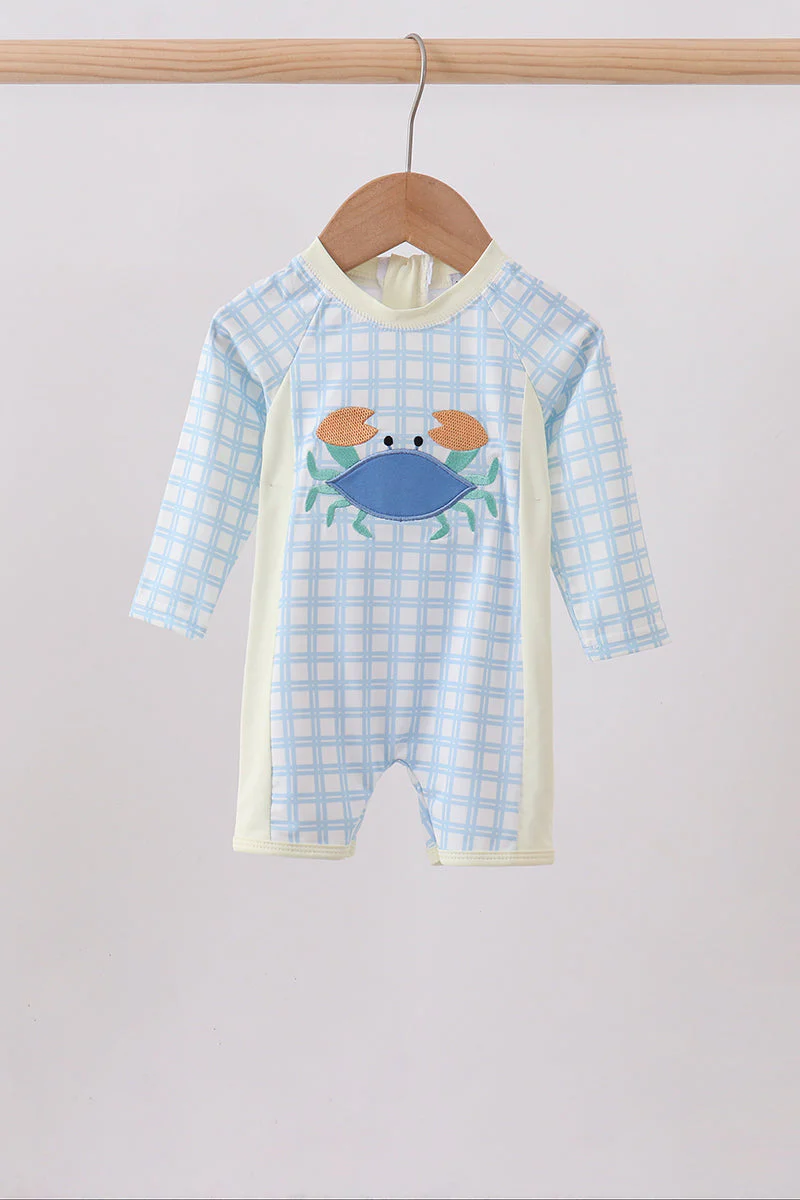 Blue crab applique plaid one-piece swimsuit