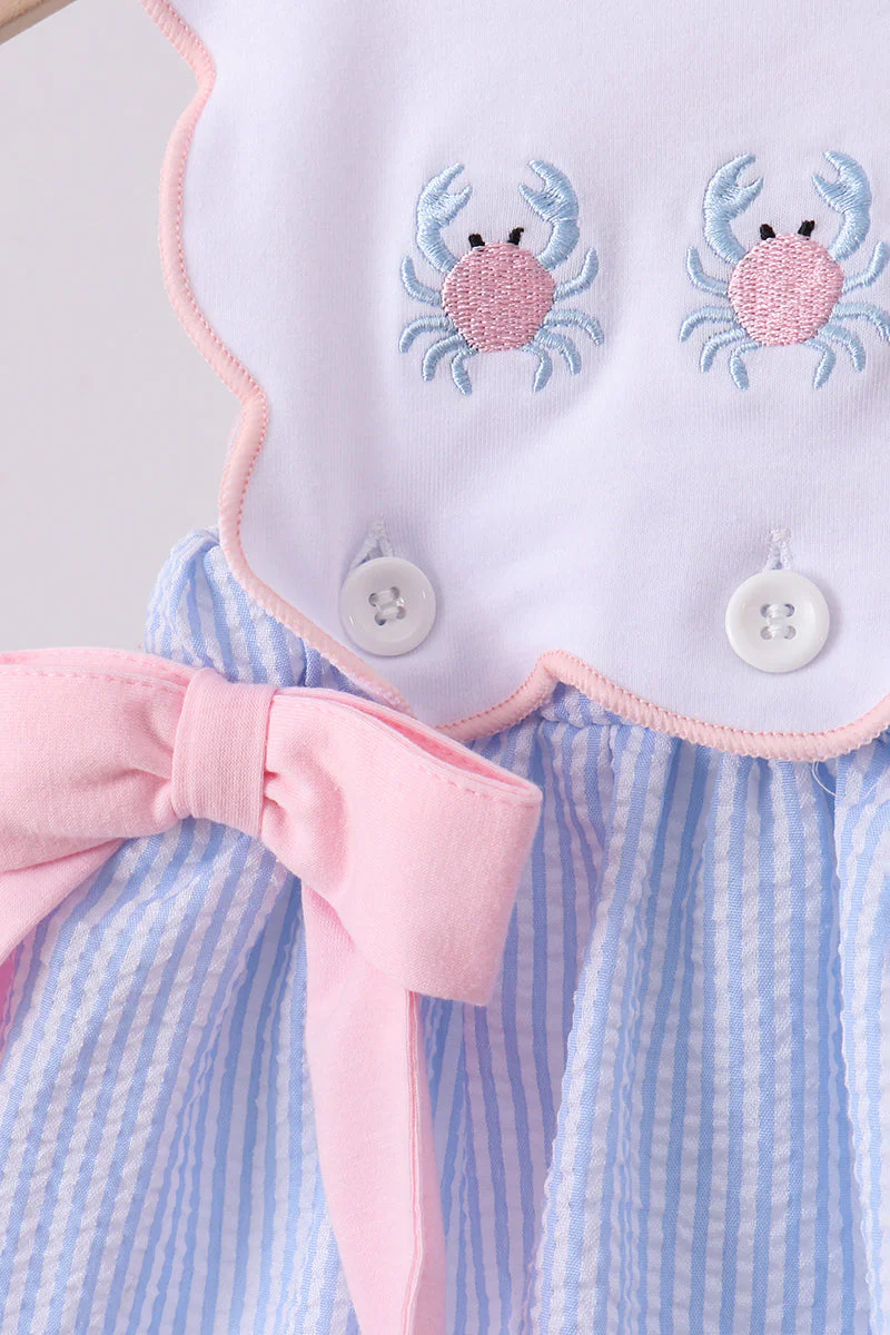 Blue Crab Embroidered Seersucker Bloomer Set - Image 2