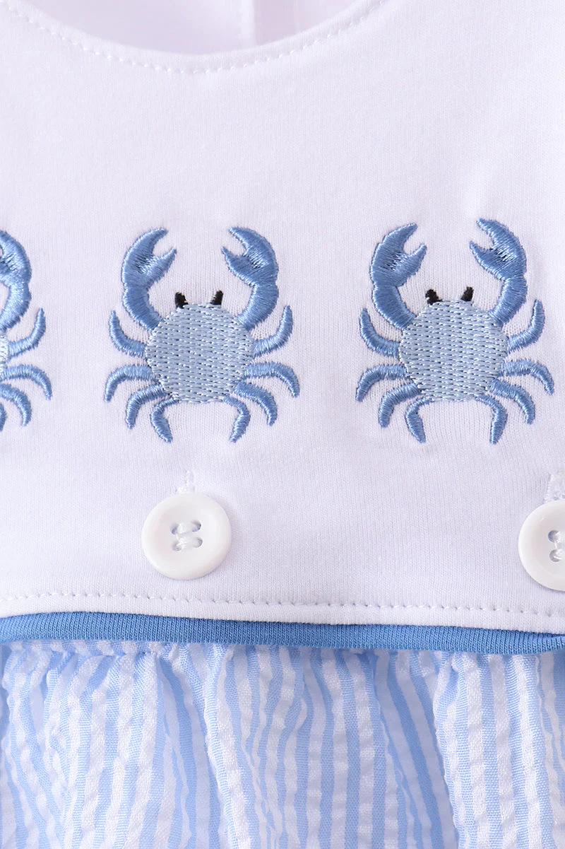 Blue Crab Embroidered Seersucker Bubble - Image 2