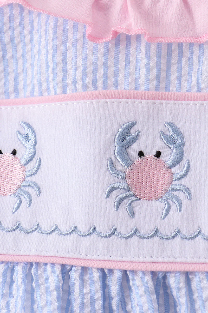 Blue Crab Embroidered Seersucker Ruffle Shorts Set - Image 2