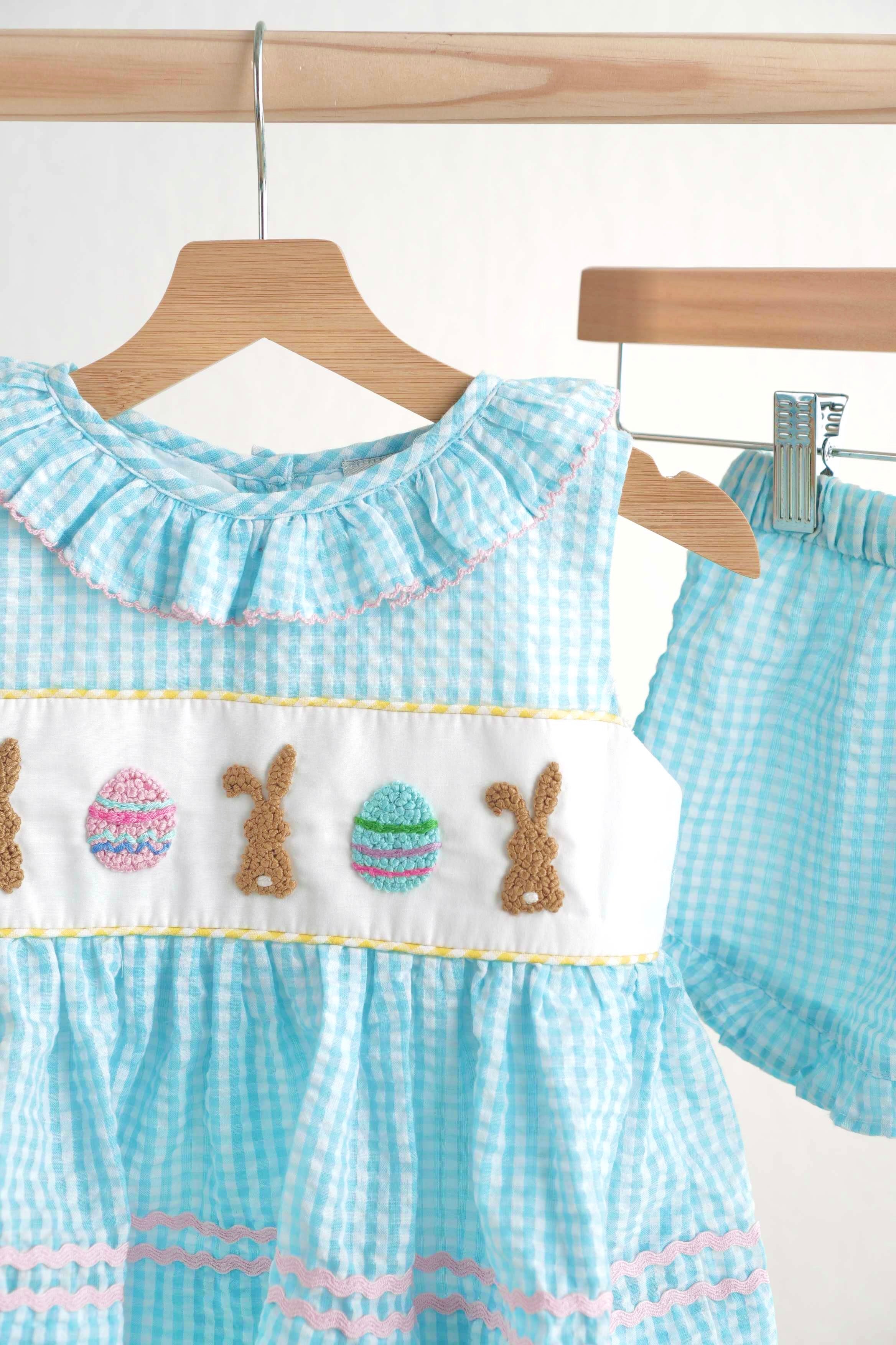 Blue easter bunny egg french knot girl gingham seersucker set - Image 3