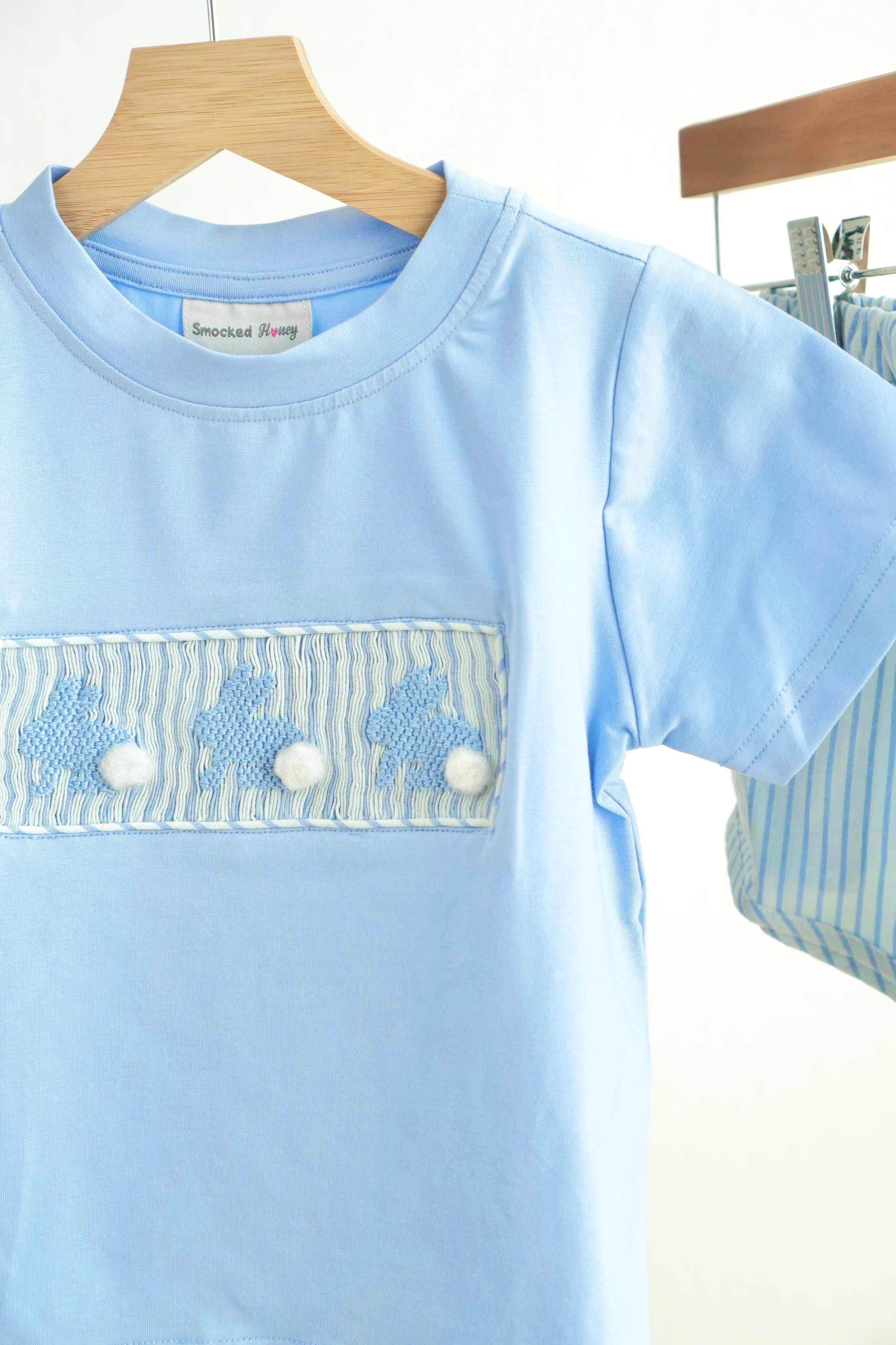 Blue easter bunny hand-smocked boy set - Image 2